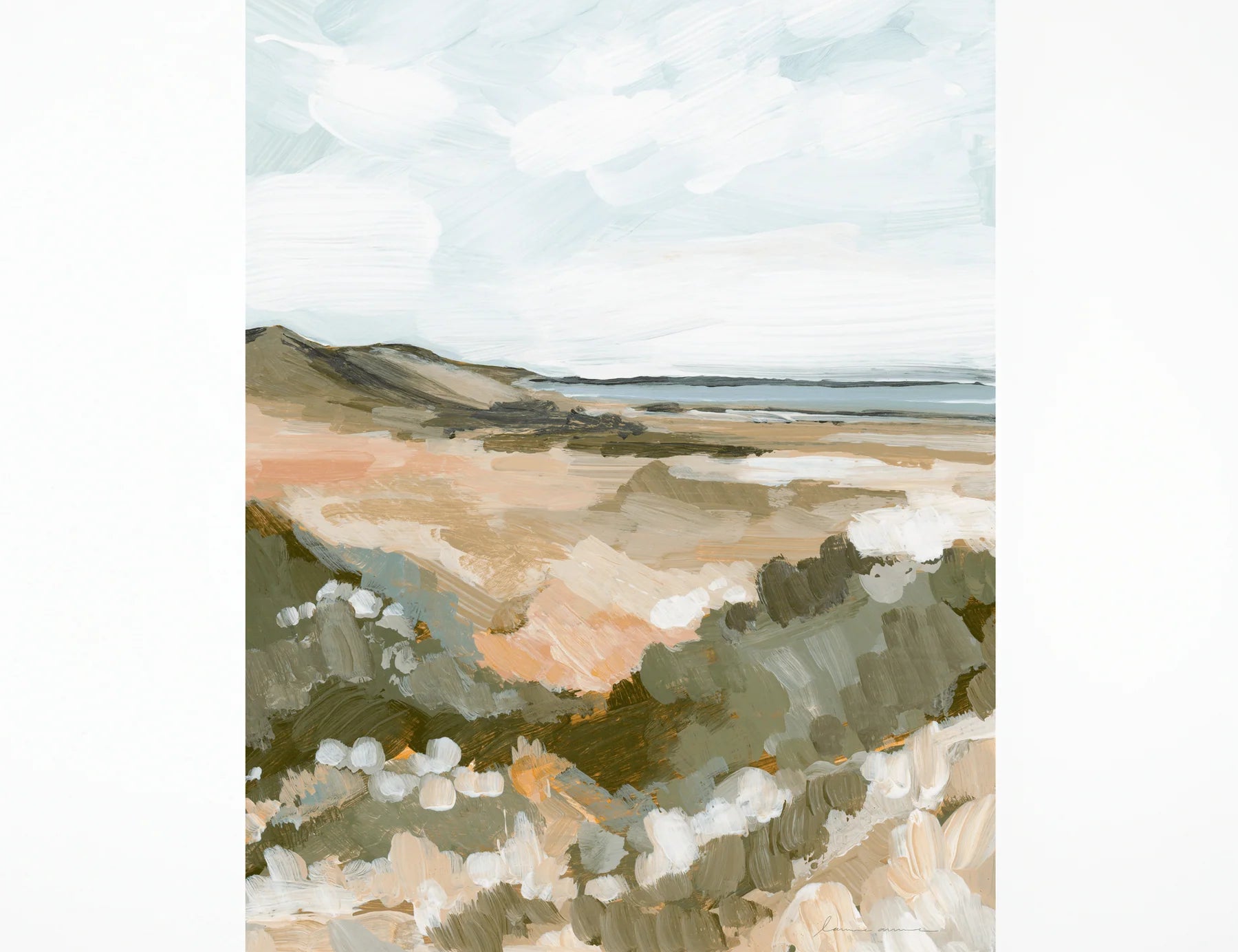 Laurie Anne Art Sage Brush Fine Art Print, a painted desert landscape with sage scrub and a cloudy sky, unframed