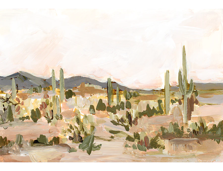 Laurie Anne Art Saguaro Fine Art Print, a painted desert with saguaro cacti and a soft pink sky, unframed