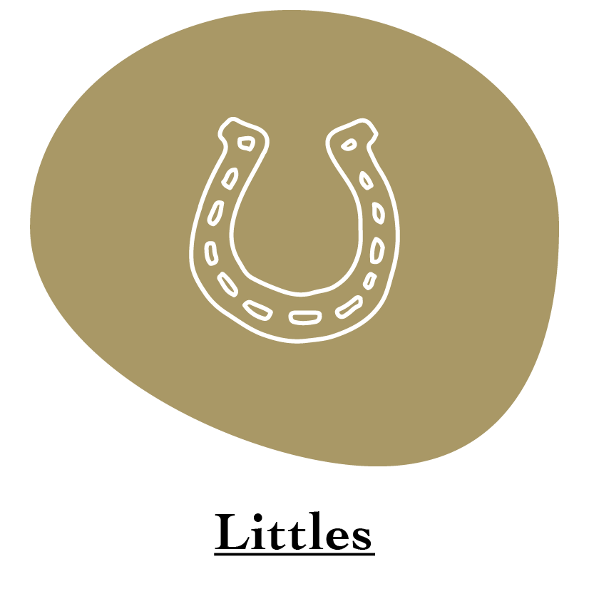 "Littles" category name with white Horseshoe illustration on gold circle