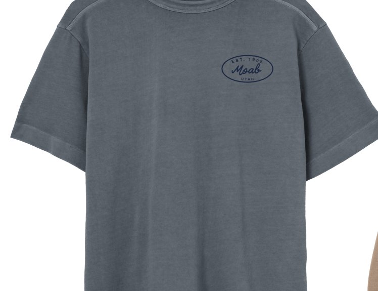 Locale Ember Pigment Dye Boxy Tee in Slate, a washed gray-blue t-shirt with a small Moab Utah chest logo
