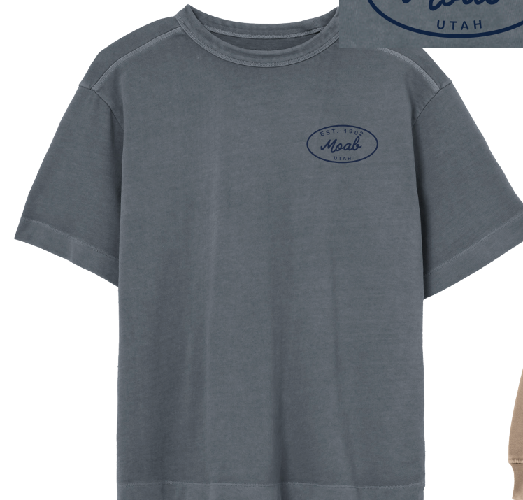Locale Ember Pigment Dye Boxy Tee in Slate, a washed gray-blue t-shirt with a small Moab Utah chest logo