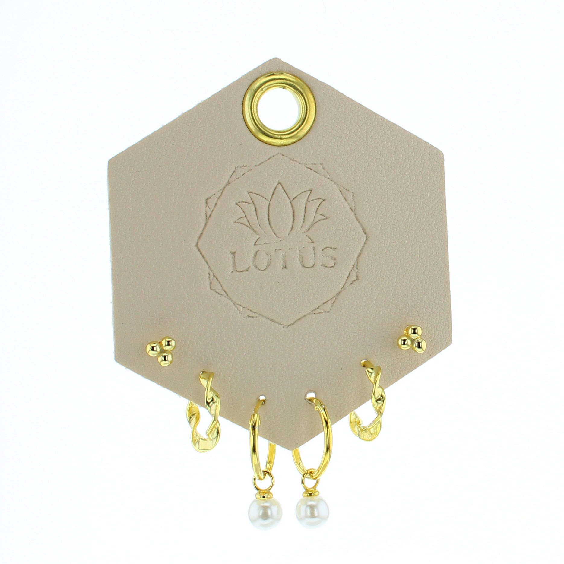 Lotus Studio Gold Trio Earrings in Audrey, dot studs, pave huggies and pearl drop hoops on a Lotus card