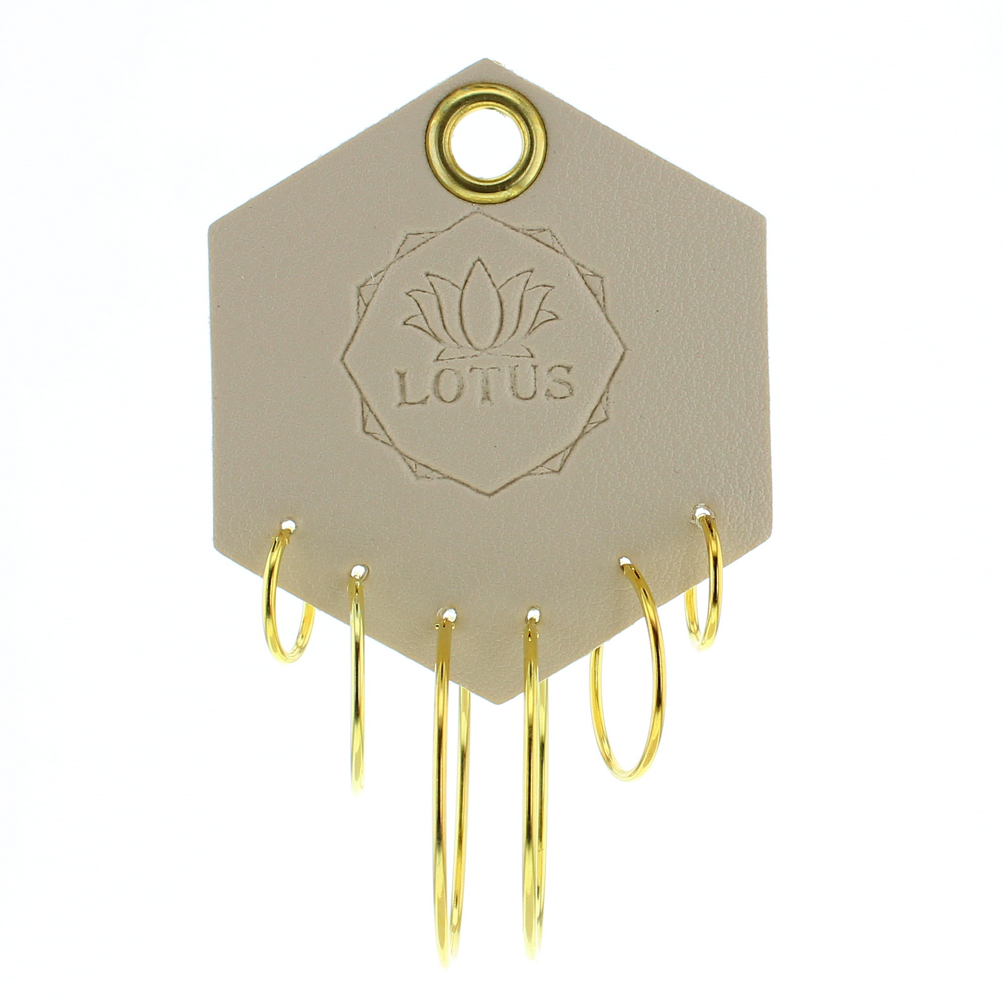 Lotus Studio Gold Trio Earrings in Hoop, three pairs of thin gold hoops in graduated sizes on a Lotus card