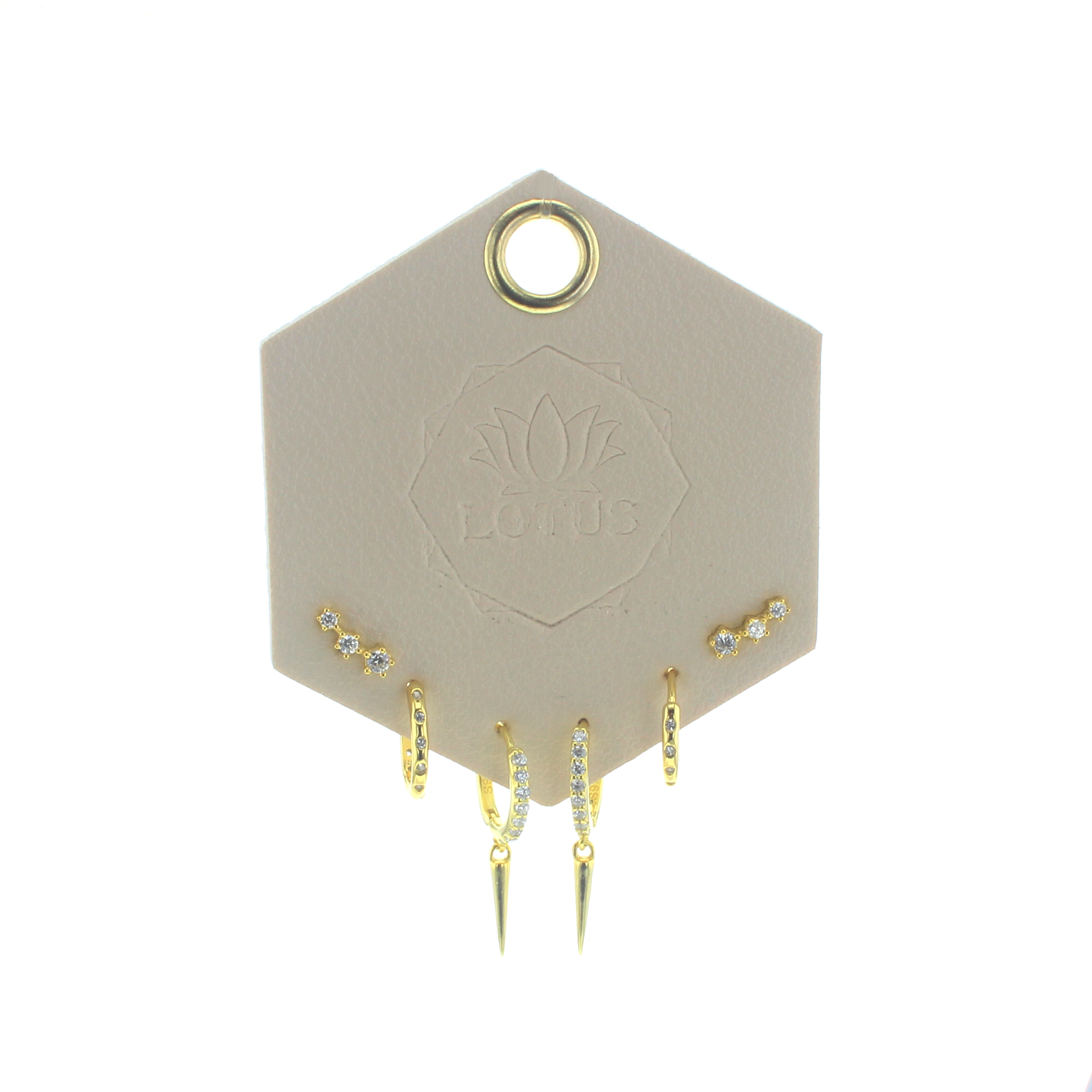Lotus Studio Gold Trio Earrings in Natalie, crystal bar studs, pave huggies and drop hoops on a Lotus card