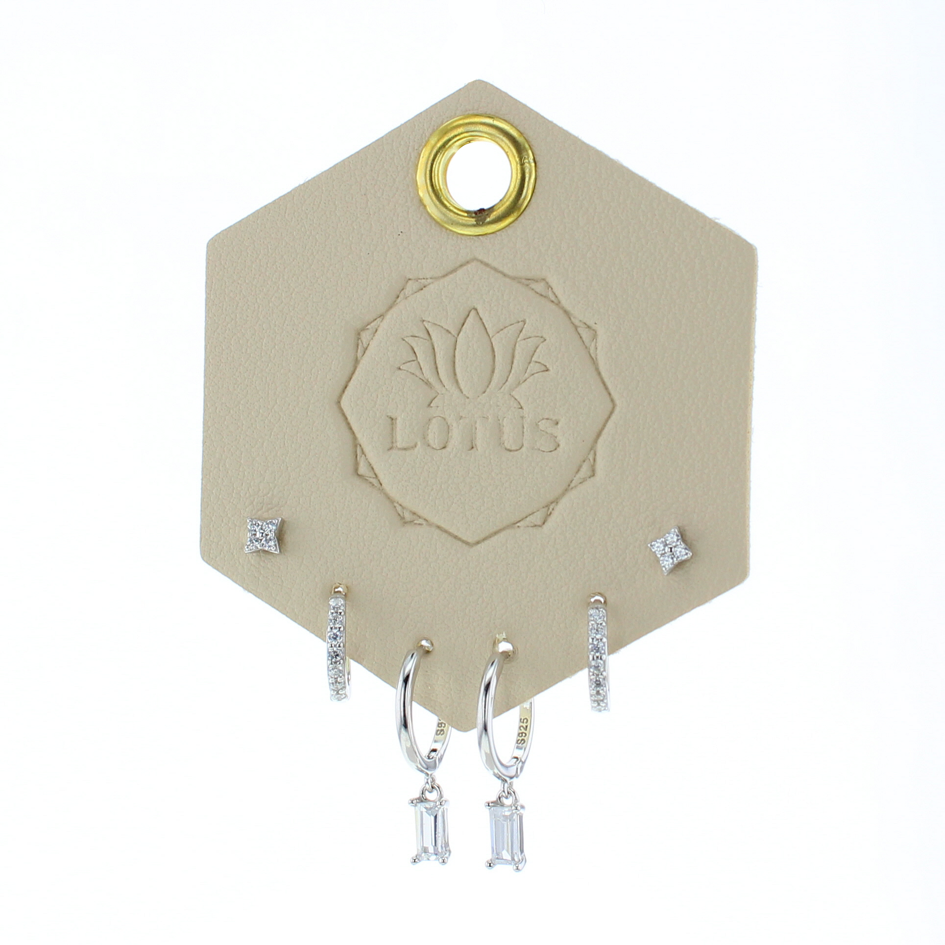 Lotus Studio Silver Trio Earrings in Camila, flower studs, pave huggies and baguette drop hoops on a Lotus card