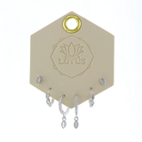 Lotus Studio Silver Trio Earrings in Evelyn, crystal studs, pave huggies and teardrop hoops on a Lotus card