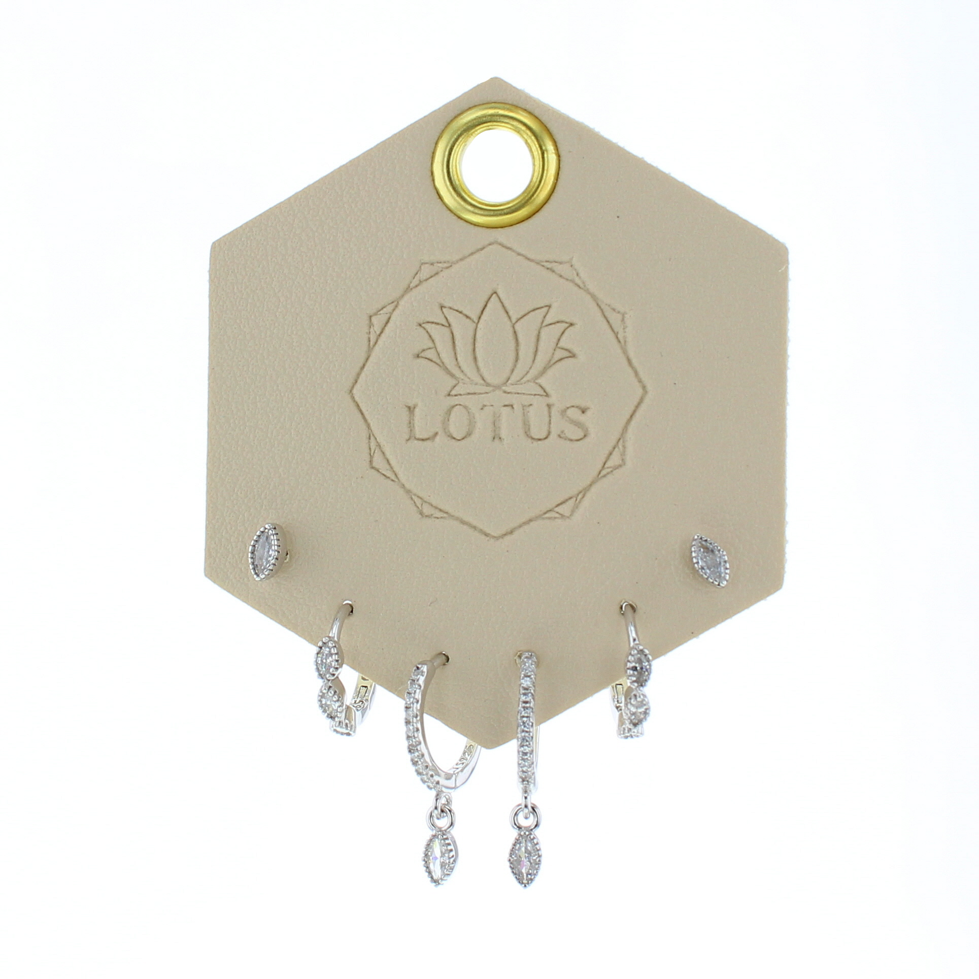 Lotus Studio Silver Trio Earrings in Evelyn, crystal studs, pave huggies and teardrop hoops on a Lotus card