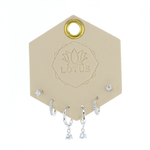 Lotus Studio Silver Trio Earrings in Lucy, crystal studs, huggies and teardrop crystal hoops on a Lotus card