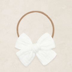 Lou Lou & Company Adventure Bow in Crystal White, cotton muslin bow on a soft nylon headband