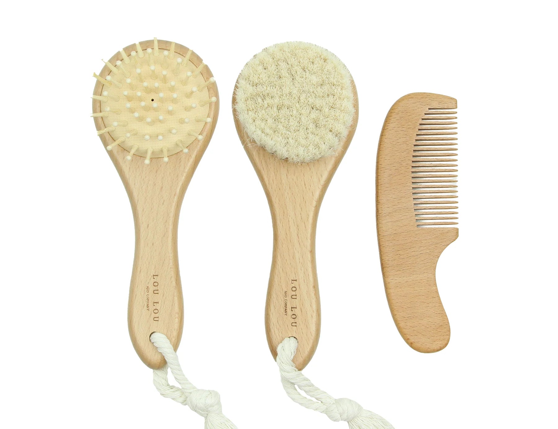 Lou Lou & Company Baby Hair Brush Set, two natural wood brushes and a wooden comb with cotton loops