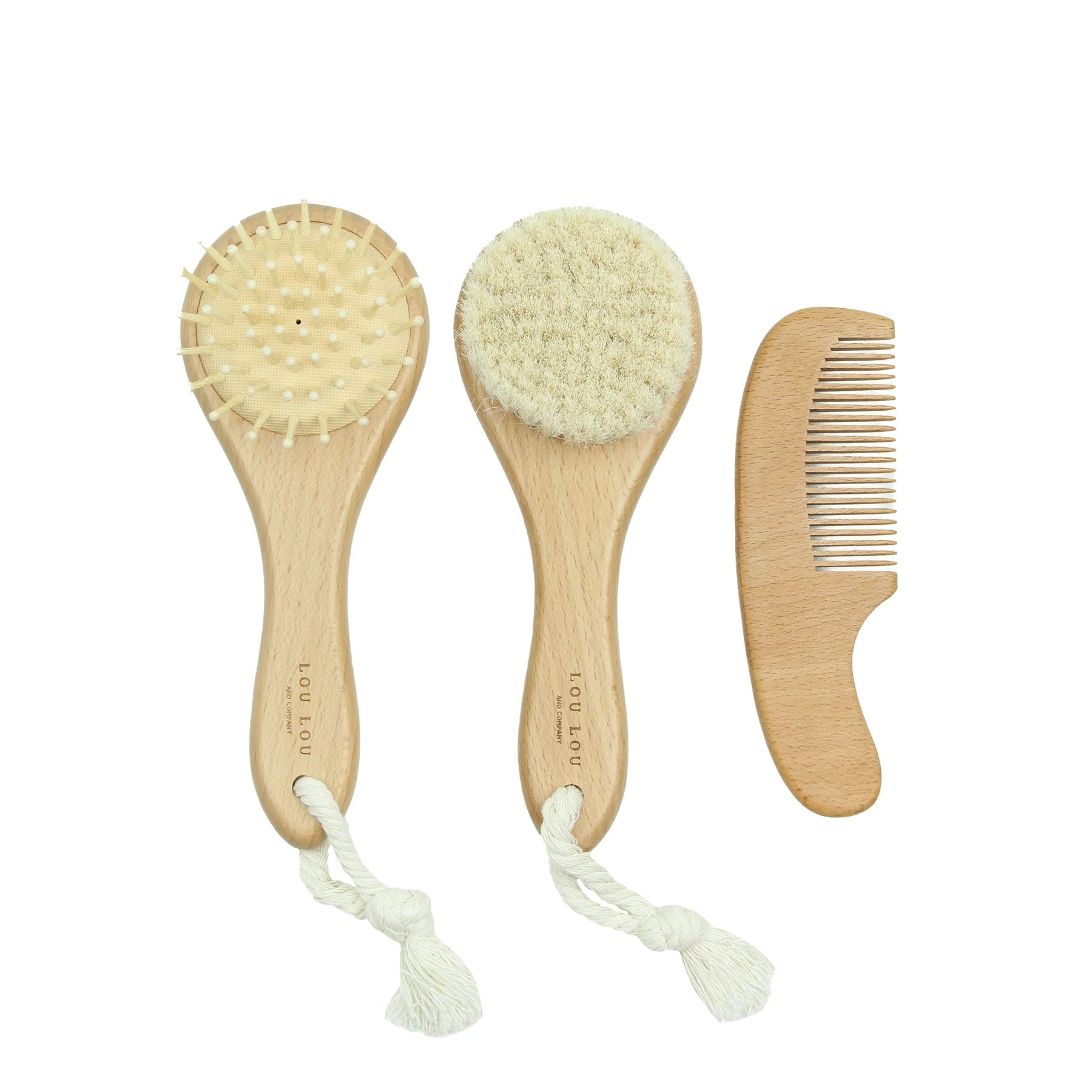 Lou Lou & Company Baby Hair Brush Set, two natural wood brushes and a wooden comb with cotton loops