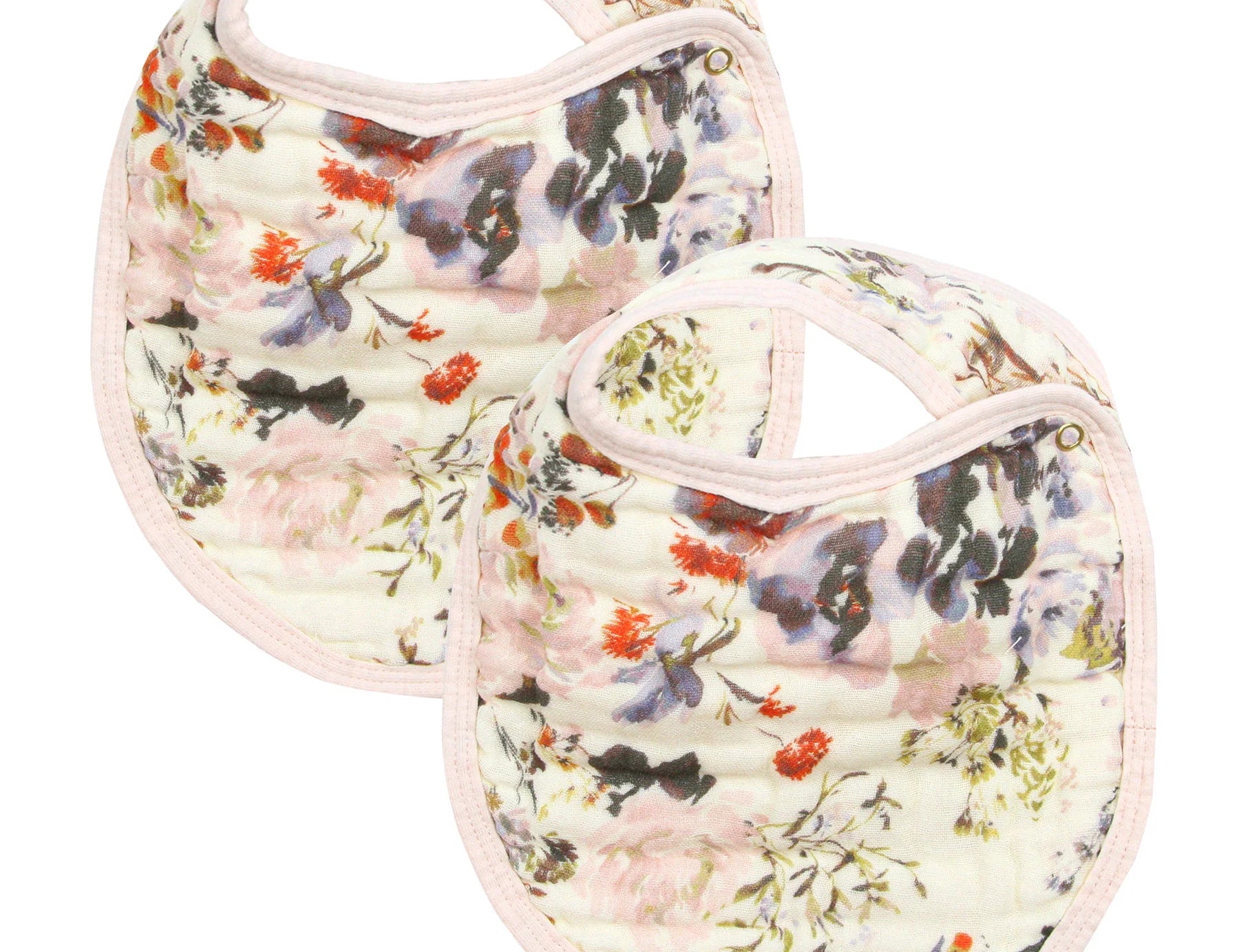 Lou Lou & Company Cloud Muslin Bib 2 Pack in Nellie/Blush, two floral muslin bibs with pink trim