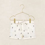 Lou Lou & Company Cloud Muslin Shorts in Lightning Bolt, cream drawstring shorts with a tiny bolt print on a hanger