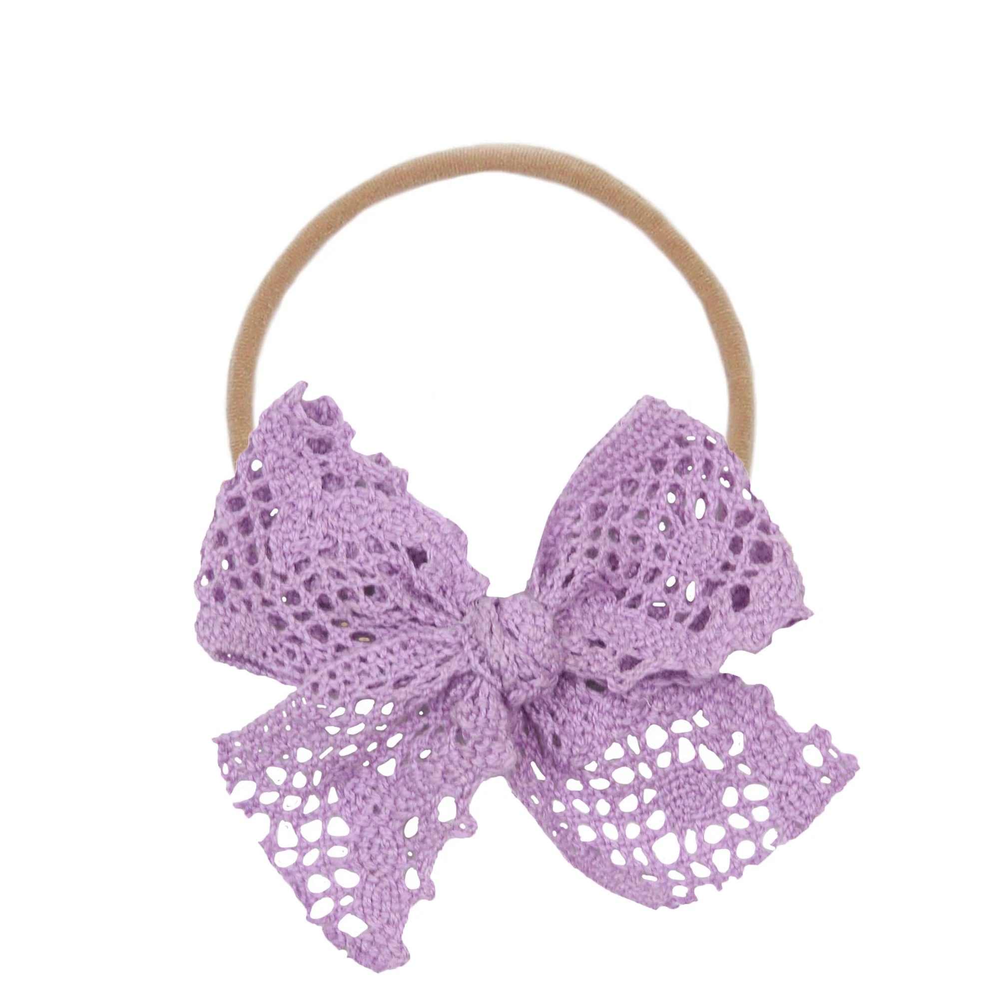 Lou Lou & Company Lace Bow Headband in Lavender, a purple crochet lace bow on a soft nylon band
