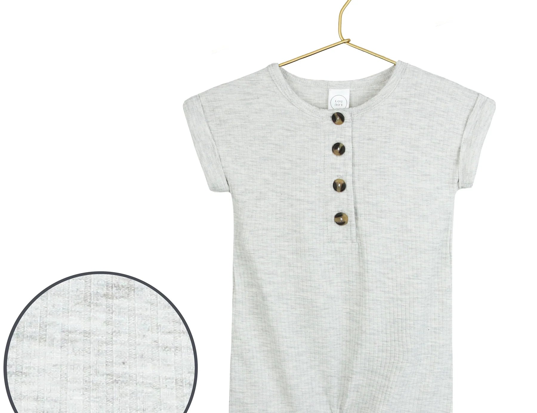Lou Lou & Company Ribbed Romper in Stevie, a heather gray short-sleeve henley romper on a hanger