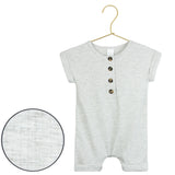 Lou Lou & Company Ribbed Romper in Stevie, a heather gray short-sleeve henley romper on a hanger