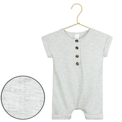 Lou Lou & Company Ribbed Romper in Stevie, a heather gray short-sleeve henley romper on a hanger