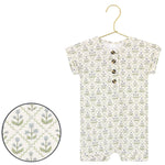 Lou Lou & Company Romper in Etta, a cream henley romper with a green and blue block-print floral, on a hanger