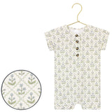 Lou Lou & Company Romper in Etta, a cream henley romper with a green and blue block-print floral, on a hanger