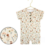 Lou Lou & Company Romper in Rachel, a cream floral short-sleeve henley romper on a hanger