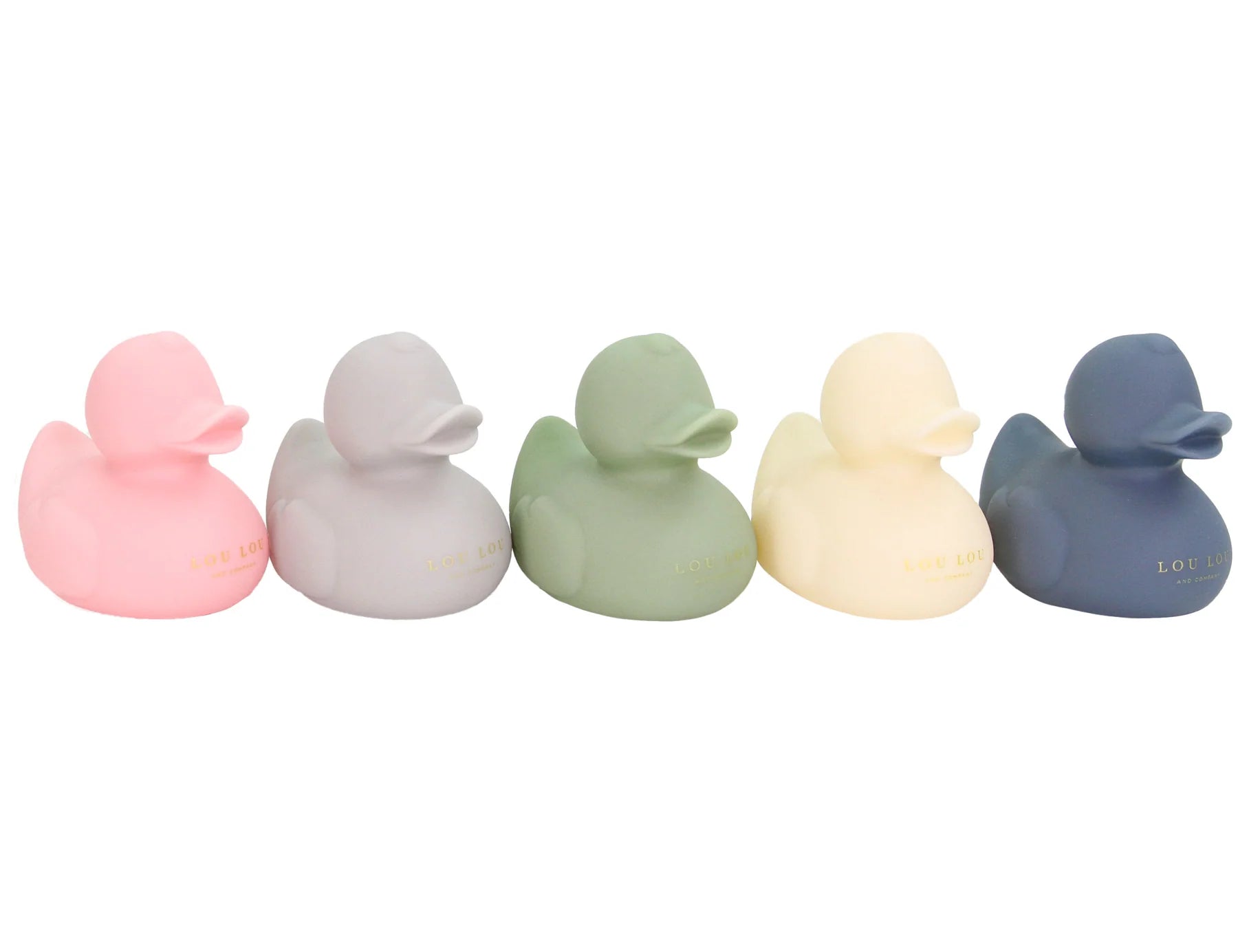 Lou Lou & Company Rubber Duckies Set, five ducks in pink, gray, sage, cream and navy