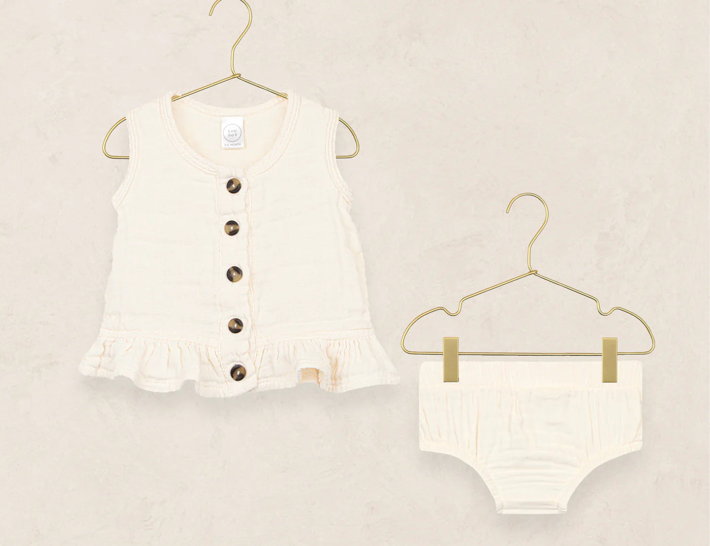 Lou Lou & Company Ruffle Tank and Bloomer Set in Cream, a button-front tank and bloomers on small hangers