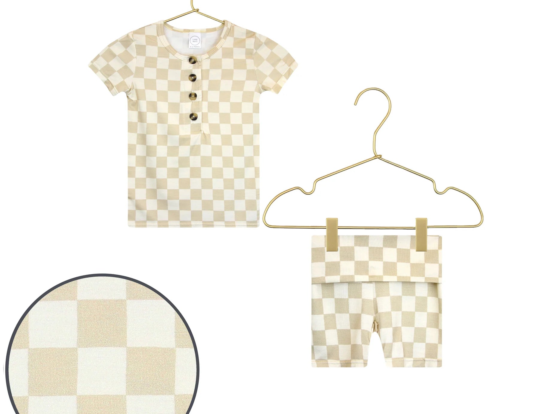 Lou Lou & Company Shortie Set in Austin, a cream and tan checkered henley tee and shorts on hangers