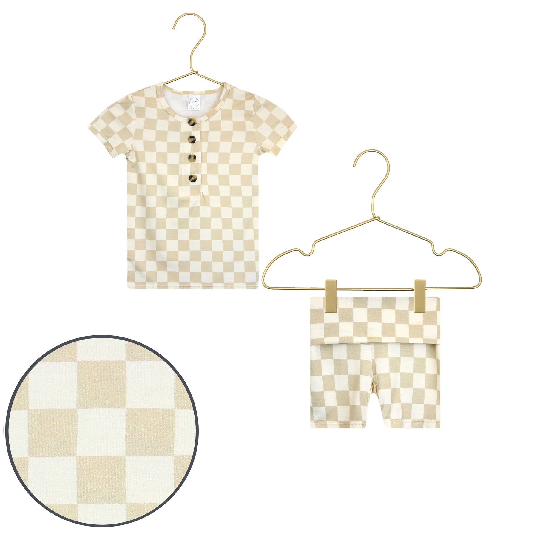 Lou Lou & Company Shortie Set in Austin, a cream and tan checkered henley tee and shorts on hangers