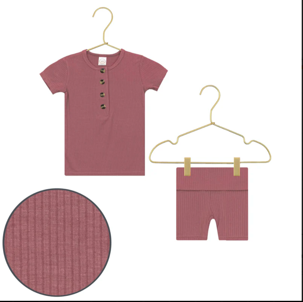 Lou Lou & Company Shortie Set in Marjorie, a burgundy ribbed henley tee and shorts on hangers
