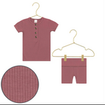 Lou Lou & Company Shortie Set in Marjorie, a burgundy ribbed henley tee and shorts on hangers