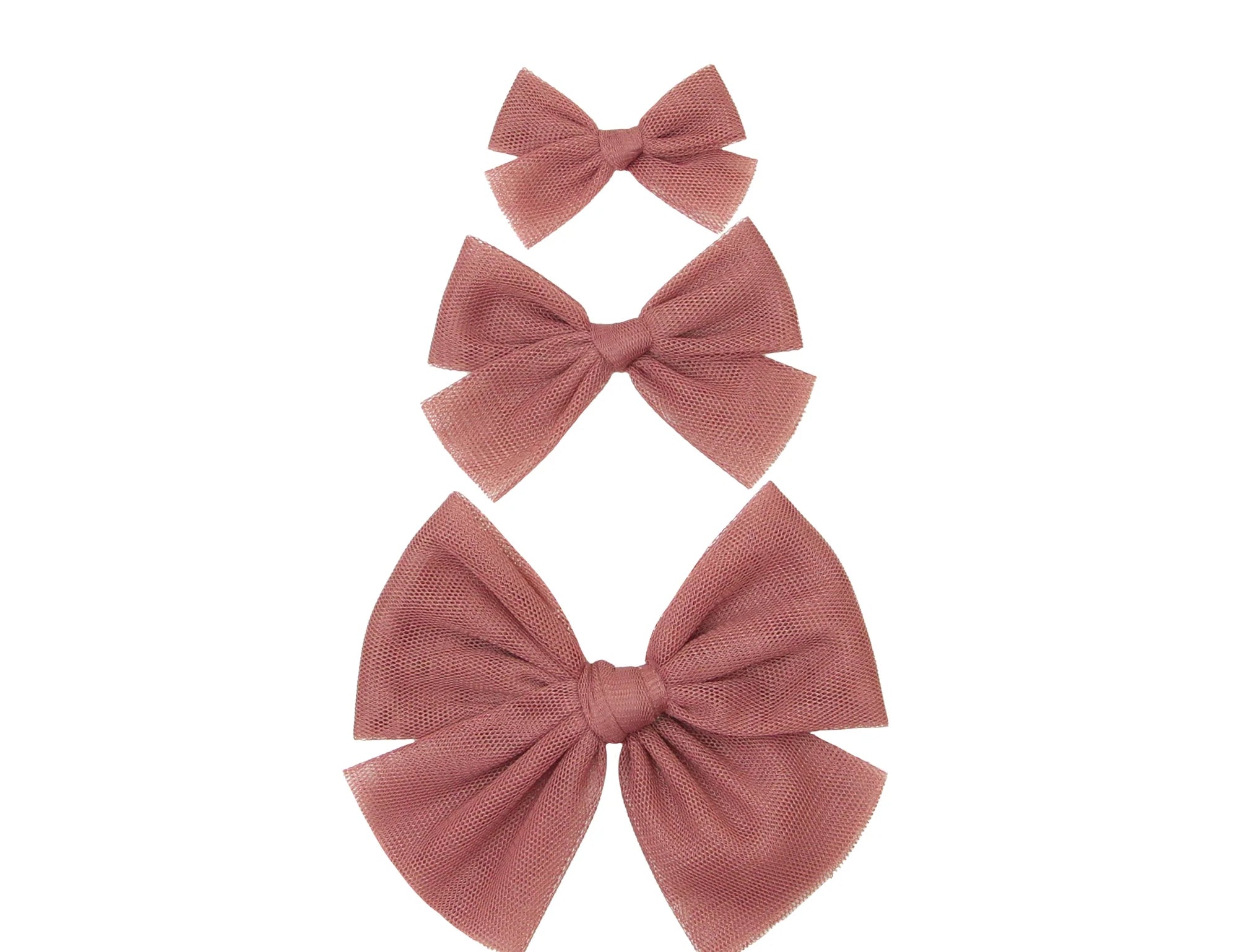 Lou Lou & Company Tulle Bow Clips in Rose, three dusty pink tulle bows in graduated sizes