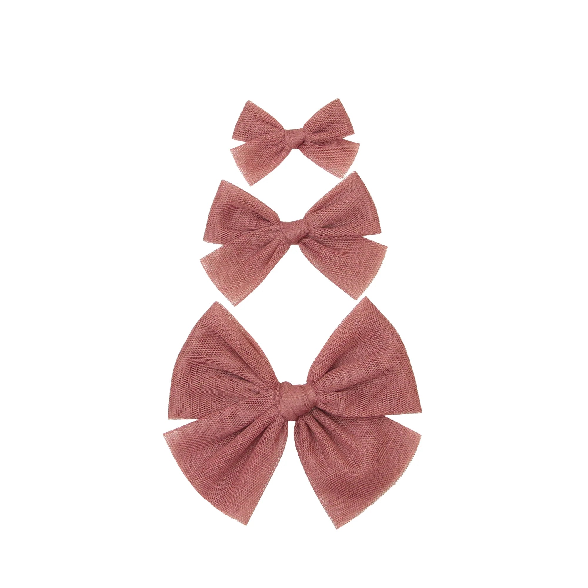 Lou Lou & Company Tulle Bow Clips in Rose, three dusty pink tulle bows in graduated sizes