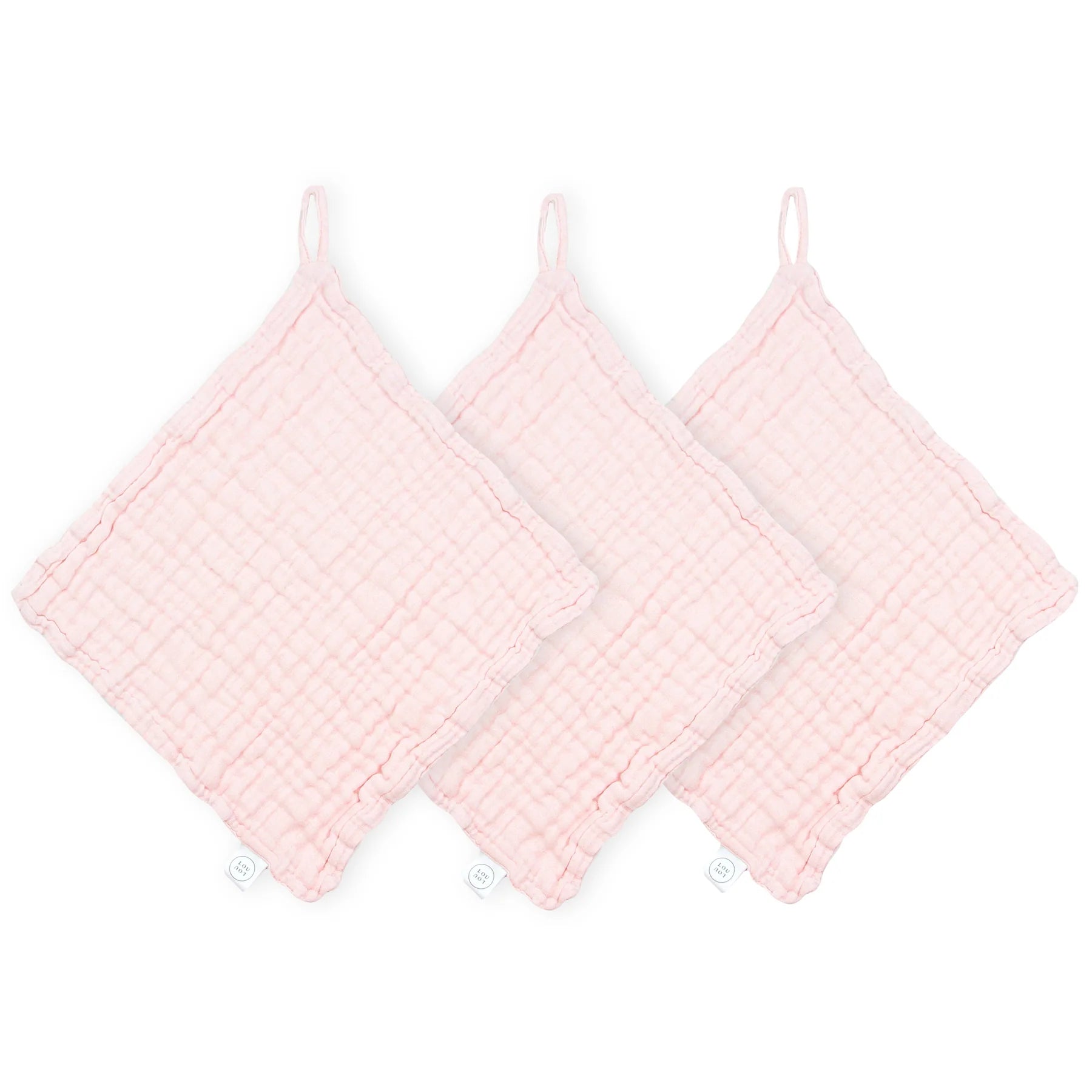 Lou Lou & Company Washcloth 3 Pack in Blush, three pale pink muslin washcloths with hanging loops