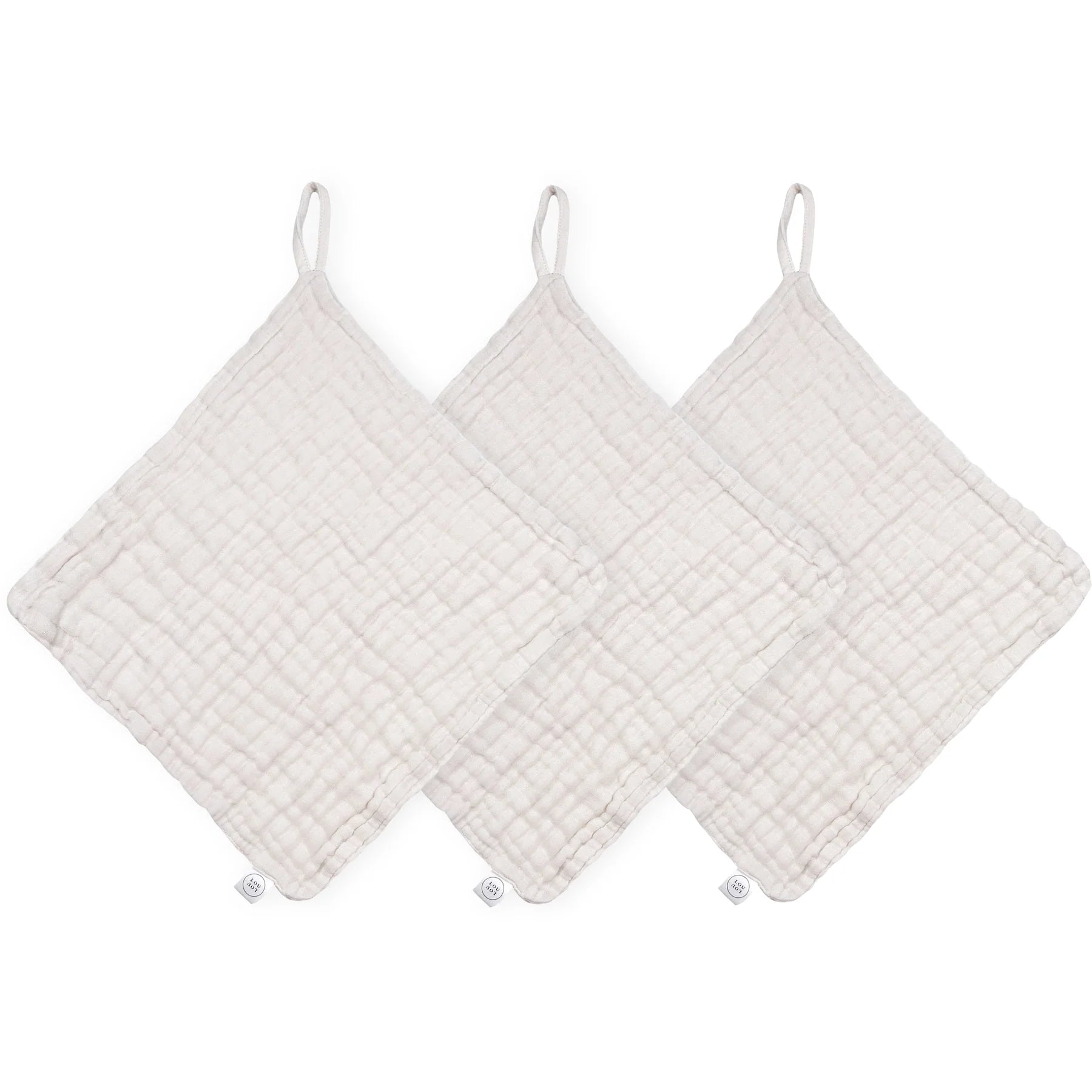Lou Lou & Company Washcloth 3 Pack in Grey, three light gray muslin washcloths with hanging loops
