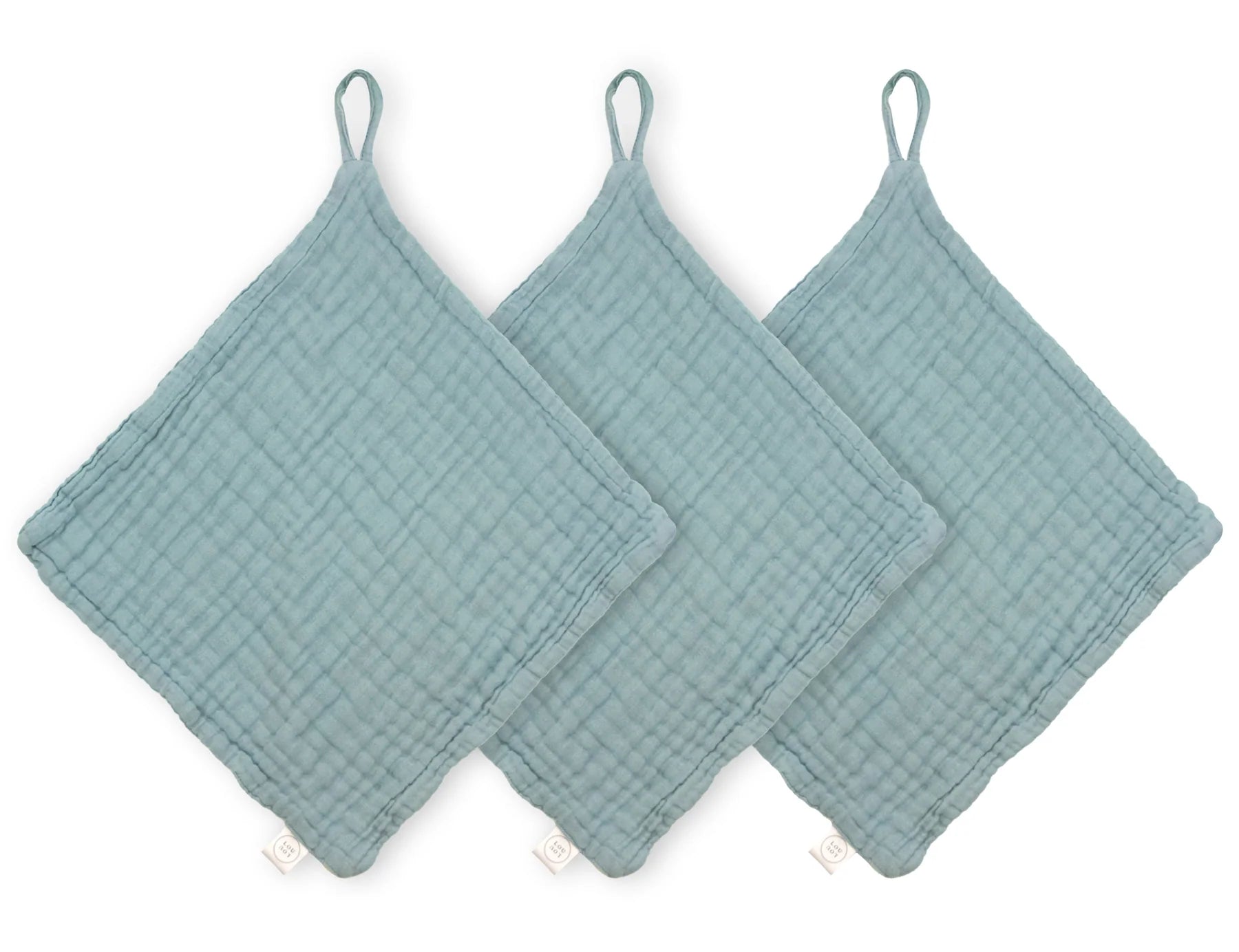Lou Lou & Company Washcloth 3 Pack in Steel, three blue-gray muslin washcloths with hanging loops