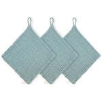 Lou Lou & Company Washcloth 3 Pack in Steel, three blue-gray muslin washcloths with hanging loops