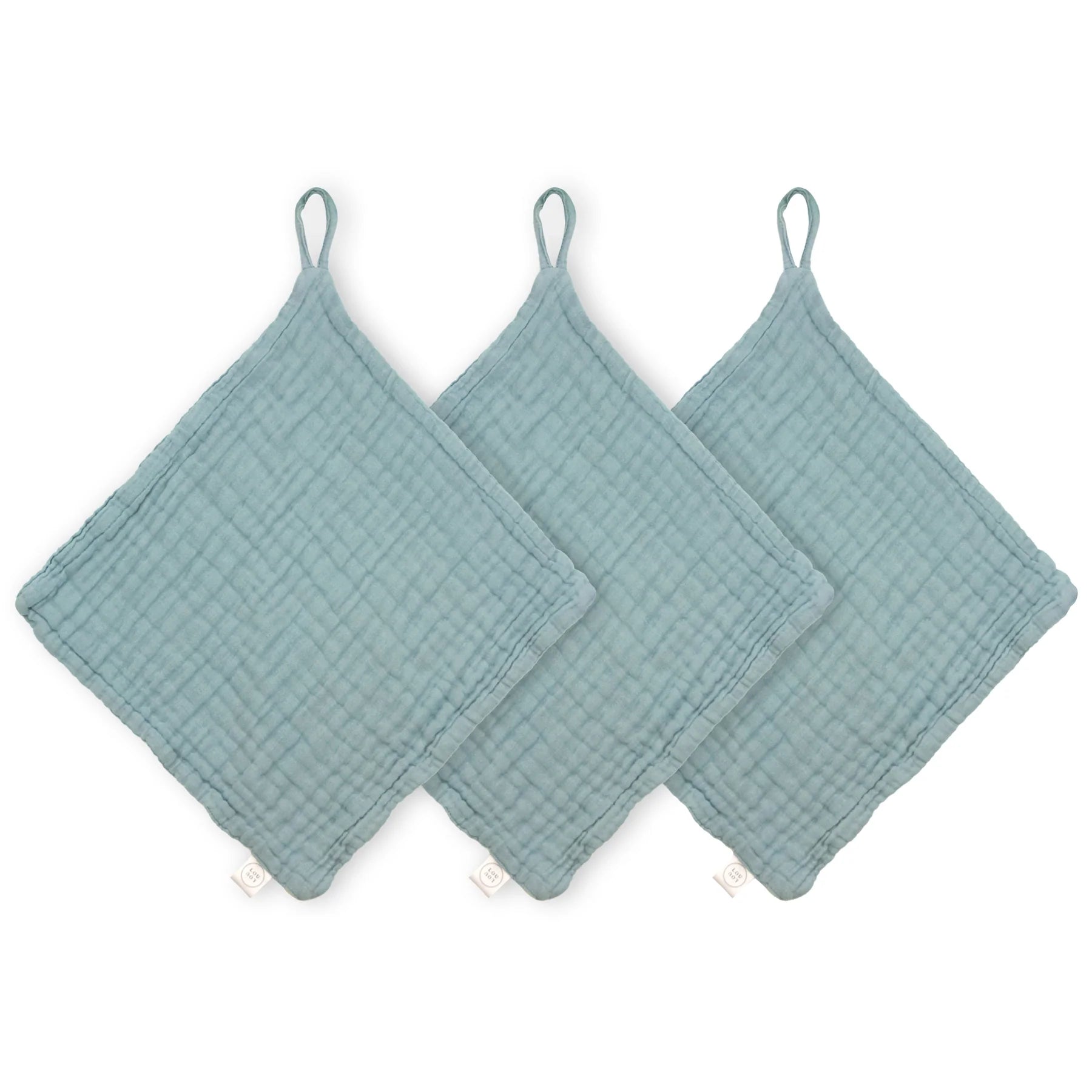 Lou Lou & Company Washcloth 3 Pack in Steel, three blue-gray muslin washcloths with hanging loops