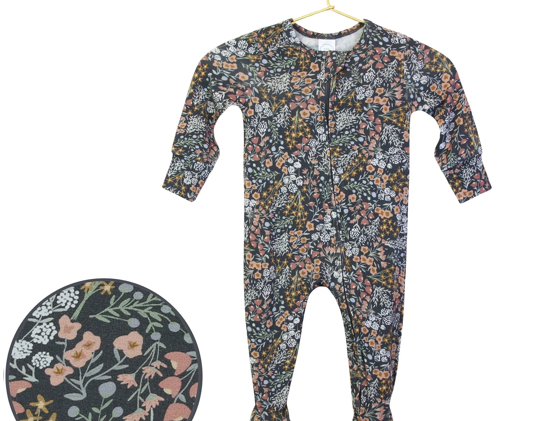 Lou Lou & Company Zipper Footies in Bae, a navy floral print baby footie with a front zipper, on a hanger with a fabric swatch