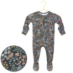 Lou Lou & Company Zipper Footies in Bae, a navy floral print baby footie with a front zipper, on a hanger with a fabric swatch
