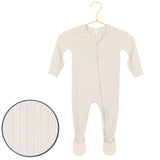 Lou Lou & Company Zipper Footies in Cove, a cream ribbed baby footie with a front zipper, on a hanger with a fabric swatch