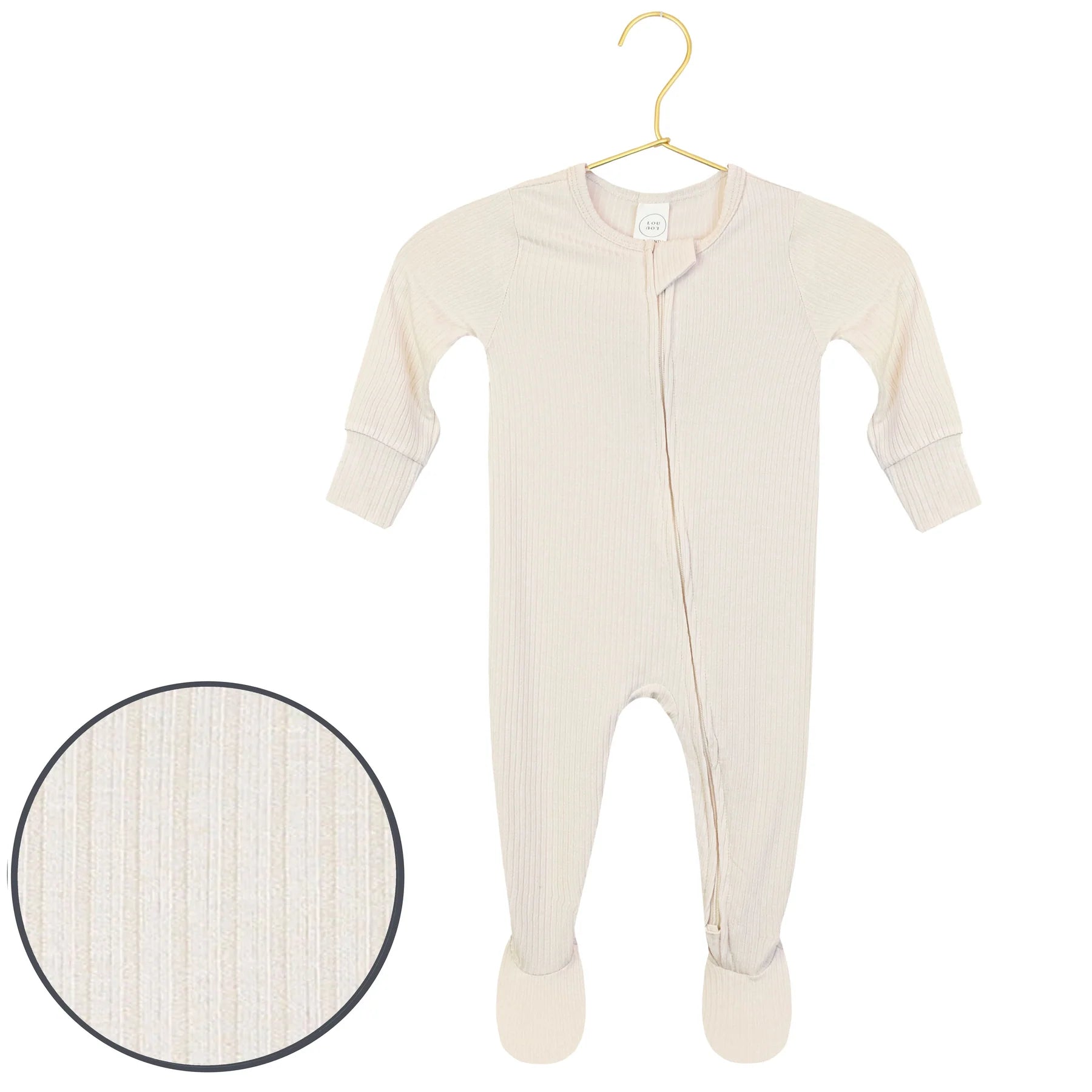 Lou Lou & Company Zipper Footies in Cove, a cream ribbed baby footie with a front zipper, on a hanger with a fabric swatch