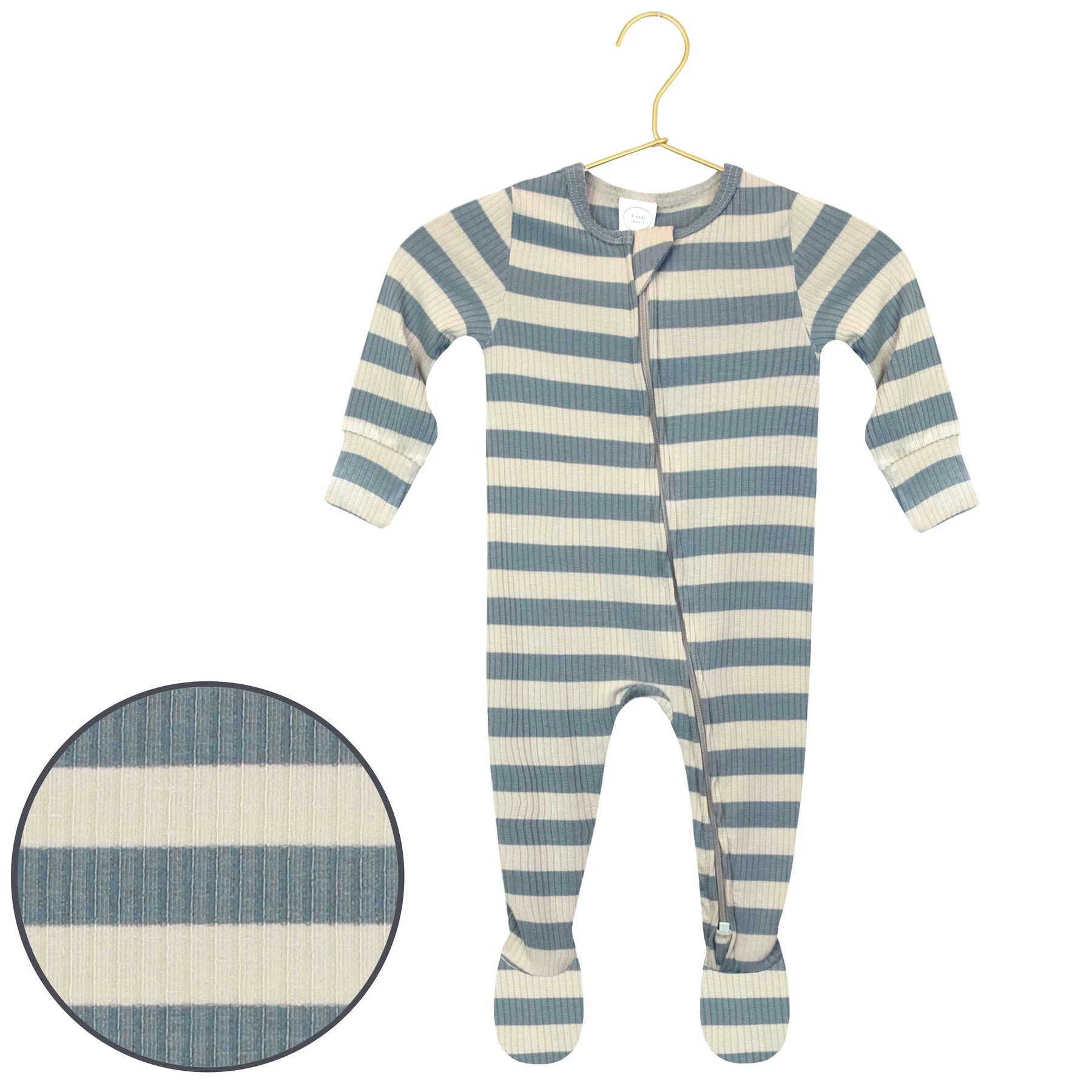Lou Lou & Company Zipper Footies in Lincoln, a blue and cream striped ribbed baby footie with a front zipper, on a hanger with a fabric swatch