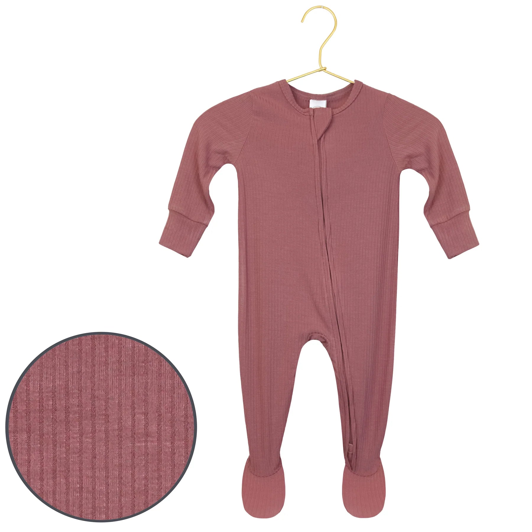 Lou Lou & Company Zipper Footies in Marjoire, a mauve pink ribbed baby footie with a front zipper, on a hanger with a fabric swatch