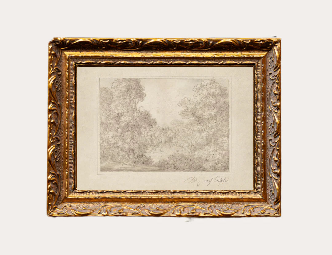 Lux B Co Monteverde Sketch French Wall Art, a vintage landscape sketch in an ornate gold frame