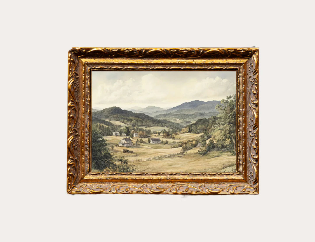 Lux B Co Mountain Countryside Wall Art, a vintage landscape painting in an ornate gold frame