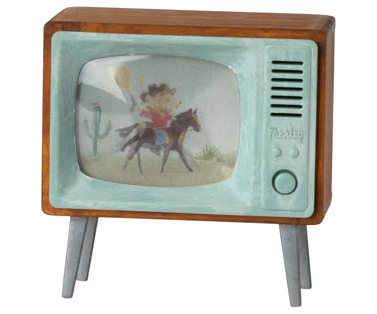 Maileg Television for Mouse, a miniature retro wooden TV with a cowboy mouse on the mint screen, angled view