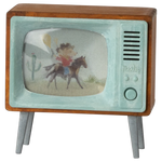Maileg Television for Mouse, a miniature retro wooden TV with a cowboy mouse on the mint screen, angled view