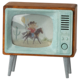 Maileg Television for Mouse, a miniature retro wooden TV with a cowboy mouse on the mint screen, angled view