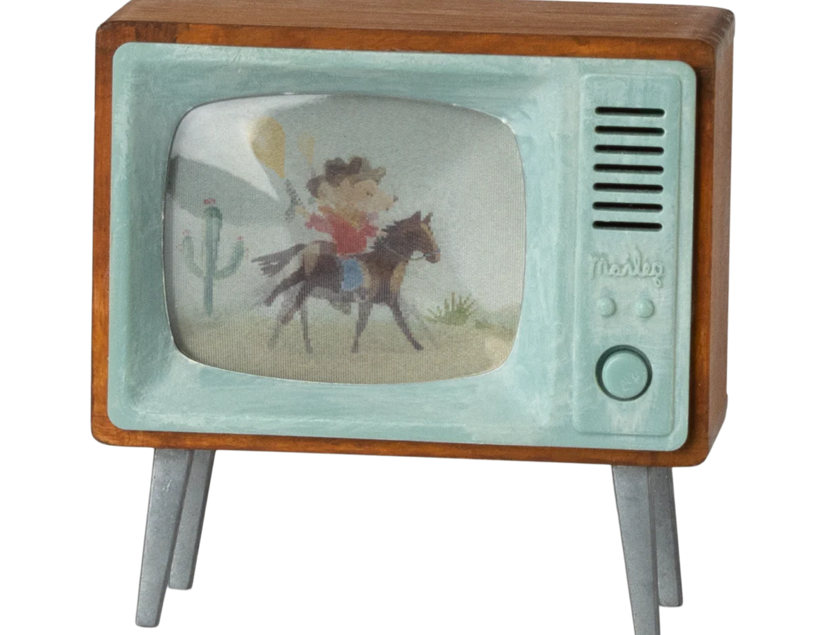 Maileg Television for Mouse, a miniature retro wooden TV with a cowboy mouse on the mint screen, angled view