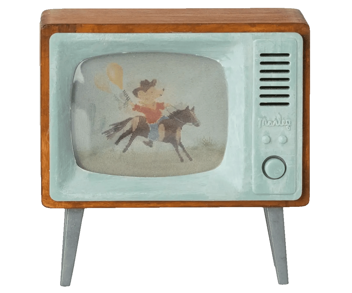 Maileg Television for Mouse, miniature retro TV with a cowboy mouse on screen, front view